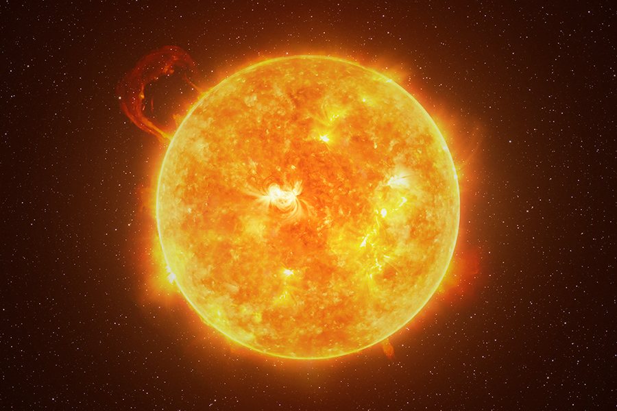 A close-up digital illustration of the sun with a solar flare erupting from its surface.