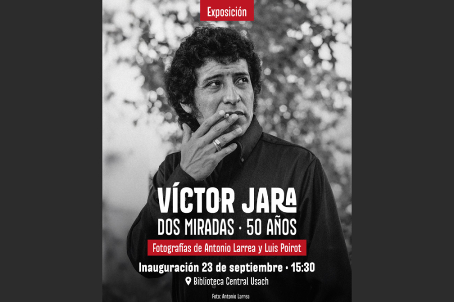 En afiche aparece la fotografía de Víctor Jara en blanco y negro y las letras en blanco sobre fondo rojo que invitan a la comunidad universitasria a visitar la muestra