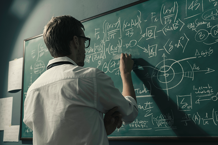 A focused man wearing a white shirt and glasses is captured from behind, actively writing complex mathematical equations, formulas, and diagrams with chalk on a large, green chalkboard.