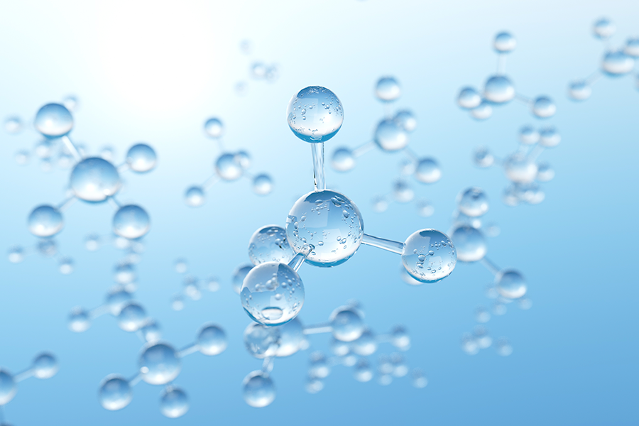 Una visualización 3D brillante, clara y en tonos azules de múltiples moléculas.