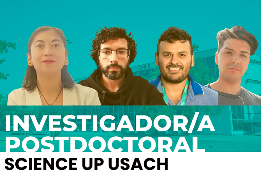 Afiche Science Up en el que aparecen 4 investigadores