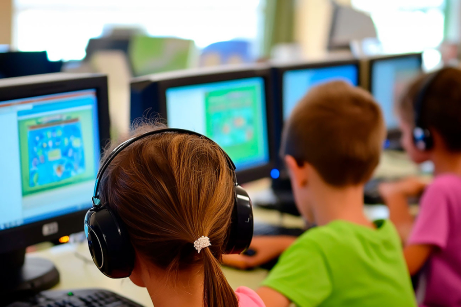 En la imagen aparecen tres niños frente a las pantallas de unos computadores.