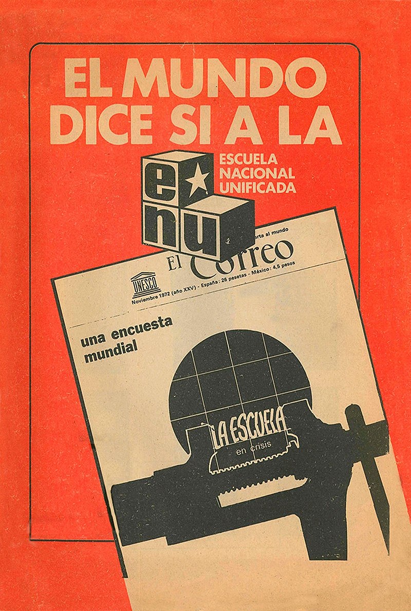 Imagen referente a la actividad, donde se muestra un folleto que dice " El mundo dice si a la escuela nacional unificada".