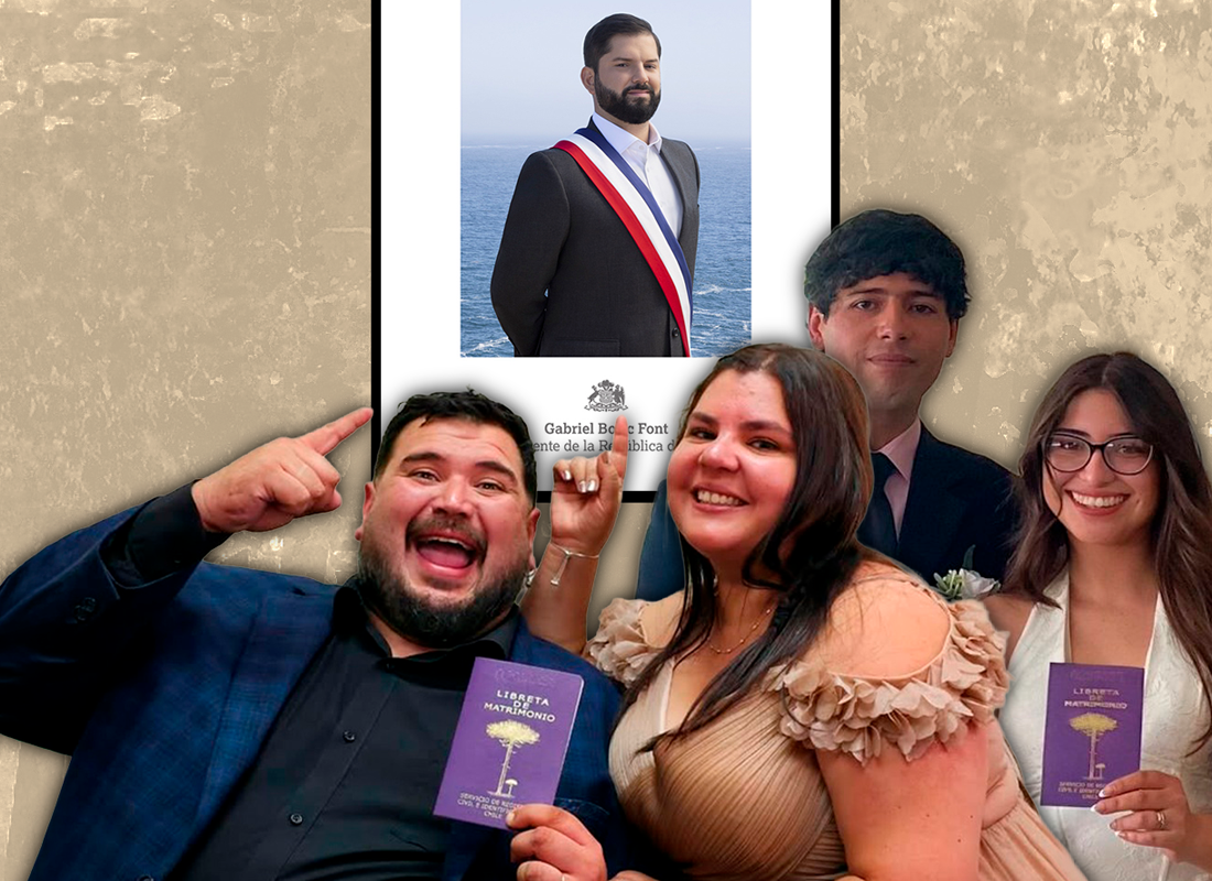 Grupo de personas con foto del expresidente Boric