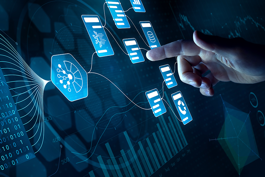 A hand interacts with a glowing digital interface showing interconnected data points and financial charts.