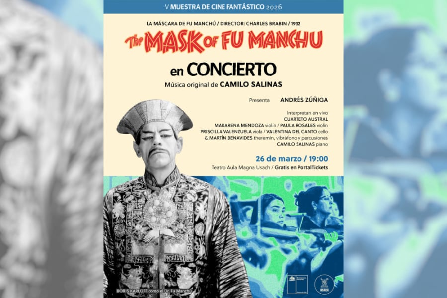 En la imagen aparece el afiche de la actividad con un la imagen de un chino tradicional y de fondo la Orquesta Usach