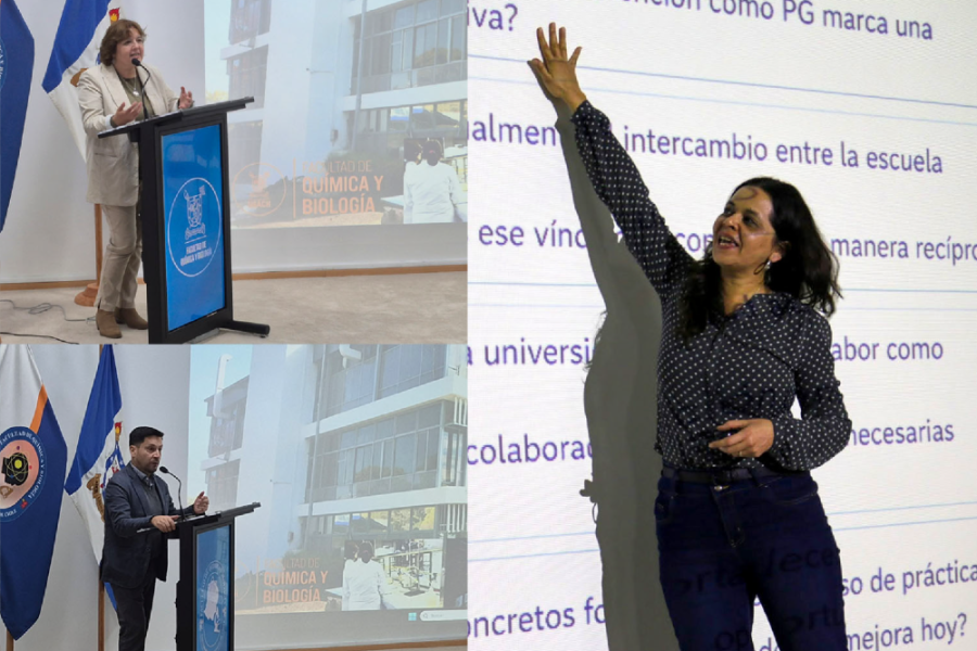 Foto dividida en tres en la que se muestran diferentes ponencias y expositores de la actividad.