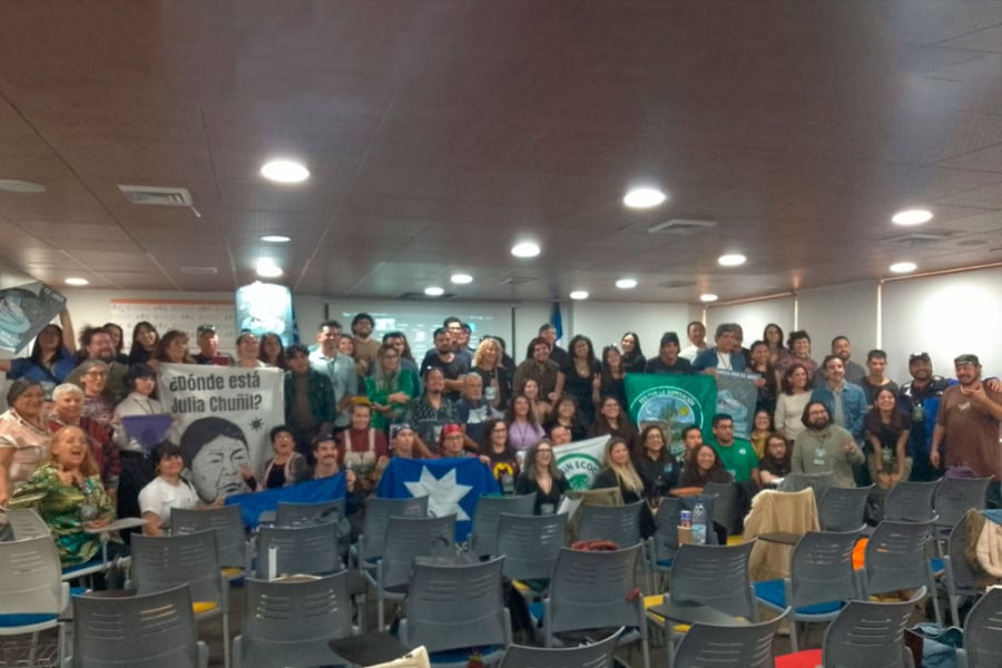 En la imagen aparecen los asistentes al eventos. Algunos sostienen pancarta y un lienzo que recuerda Julia Chuñil