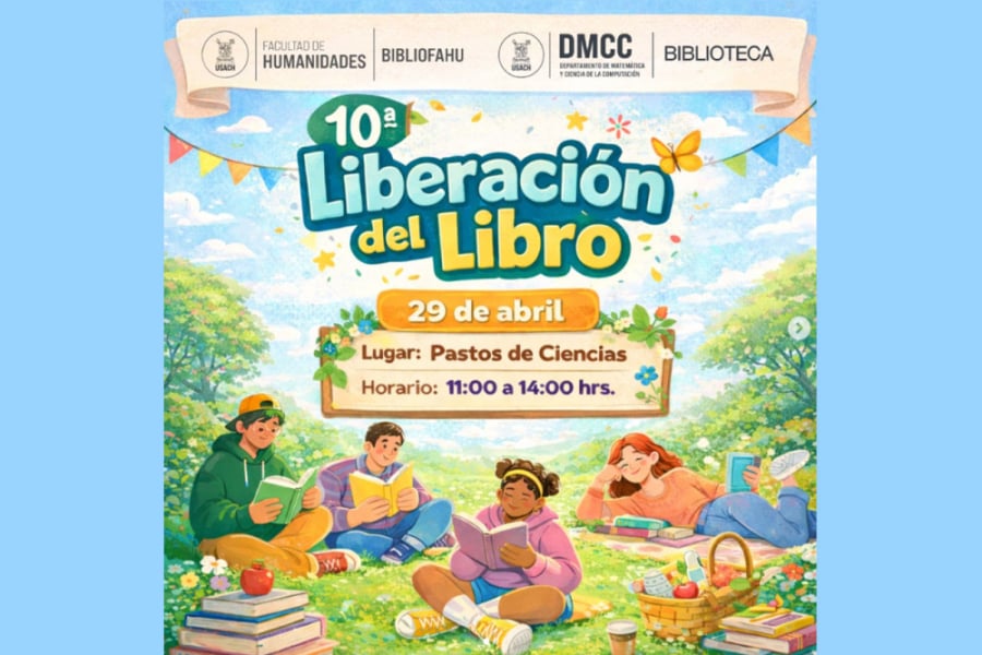 Afiche de la actividad, en la que aparecen dibujador 4 jovenes leyendo entre medio de la vegetación de un parque. 