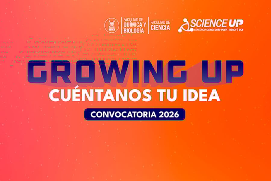 La imagen es un fondo naranjo con letras azules y blancas que dicen "growing up cuéntanos tu idea convocatoria 2026"