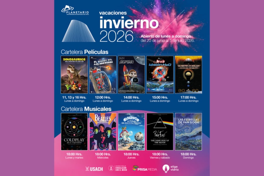 La imagen corresponde al afiche del evento. Con un fondo violeta y azul, la cartelera disponible y letras blancas