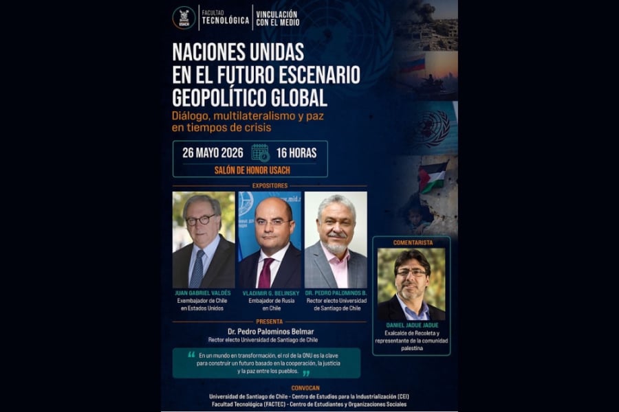 En la imagen aparece el afiche del evento en el cual aparece el ex embajadores Juan Gabriel Valdés y Vladimi G. Belinsky, además del Rector Electo Usach, Dr. Pedro Palominos Belmar. De la misma forma, a un costado aparece la imagen del ex alcalde de Recoleta, Damiel Jadue. El fondo del afiche es azul oscuro y las letras blancas y celestes.