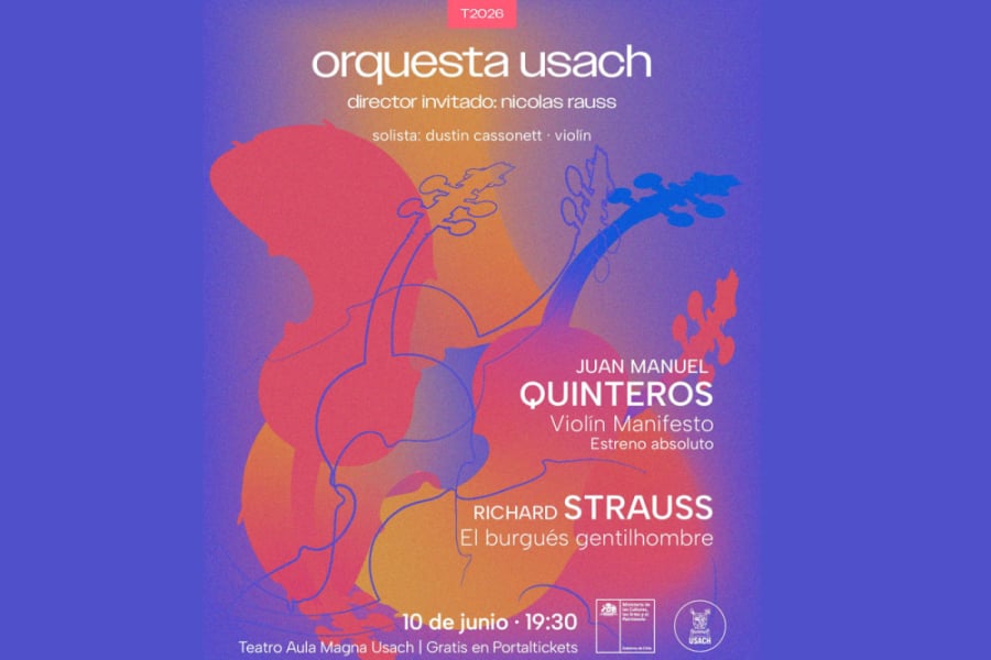 La foto corresponde a un afiche del evento. Con color morado de fondo y tonos coral y mostaza y letras blancas