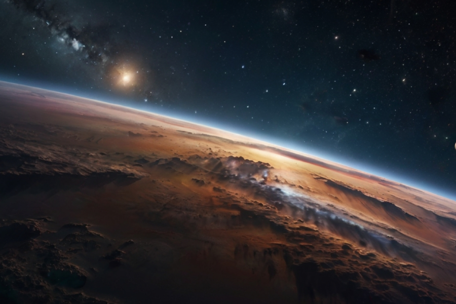 The curvature of a desert planet and its atmosphere against the starry sky, with a small sun in the background.