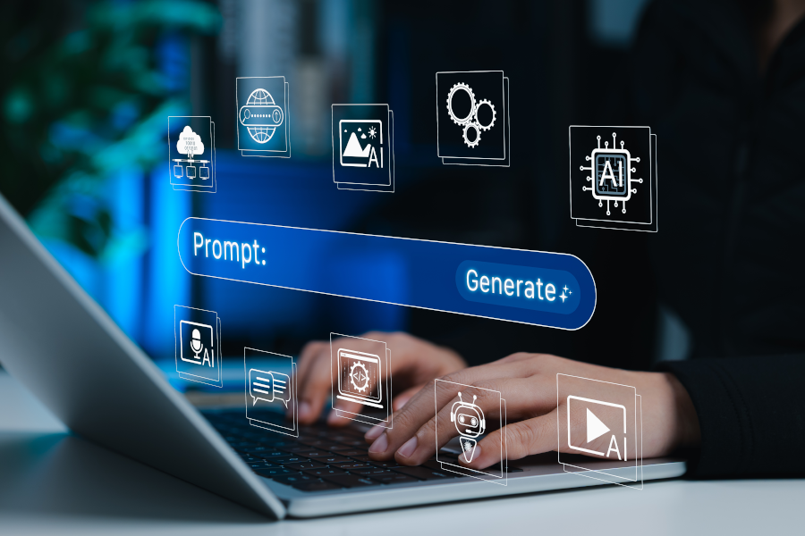 Una persona escribiendo en un computador que muestra íconos de indicaciones generativas de inteligencia artificial.