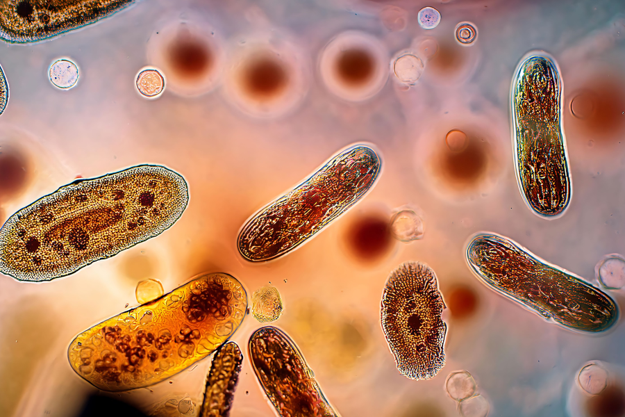 Vista microscópica de organismos unicelulares de forma ovalada flotando en un líquido.