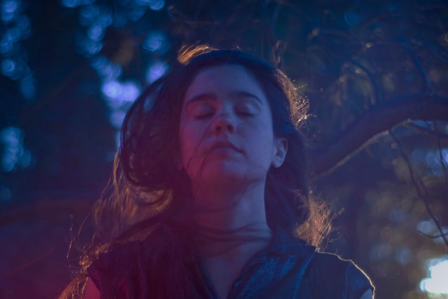 La imagen muestra a una mujer con los ojos cerrados y el pelo al viento, en la naturaleza y con colores oscuros