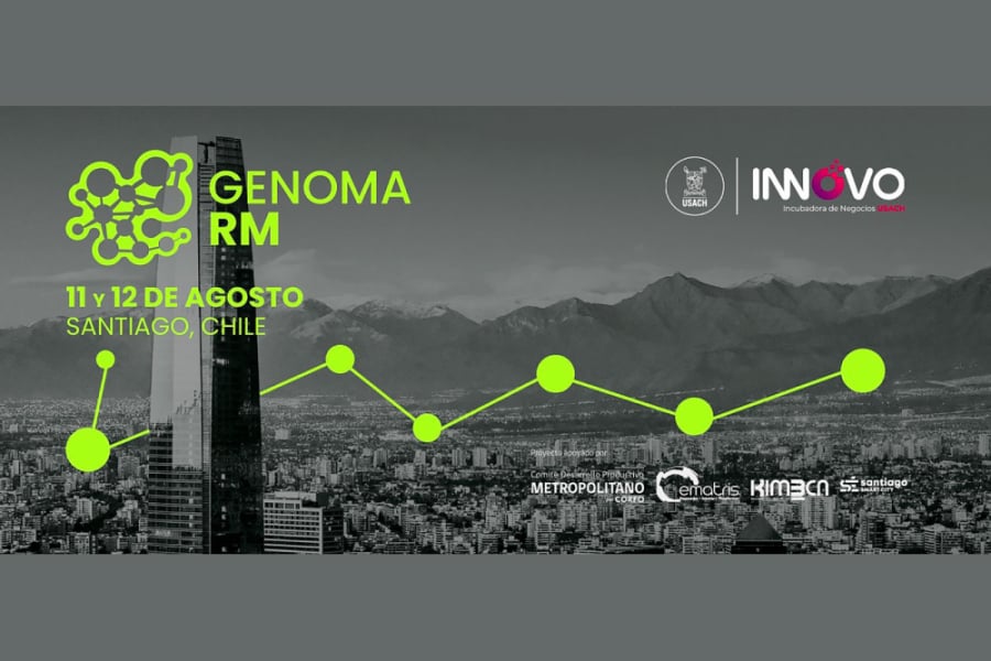 En la imagen aparece el afiche de la jornada. De fondo la ciudad en blanco y negro y encima la figura que representa al genoma humano en un verde fosforescente