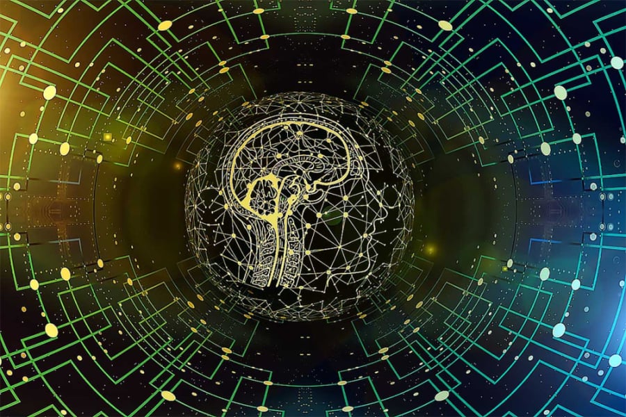En la imagen aparece un dibujo digital del cerebro y la cabeza de un ser humano que envía diversas ondas al exterior. El fondo es negro y las líneas del dibujo son verde y amarilla